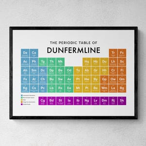 May include: A framed print displaying a periodic table of Dunfermline, with elements represented by abbreviations and names. The design uses a colour-coded system. The title reads "The Periodic Table of Dunfermline".