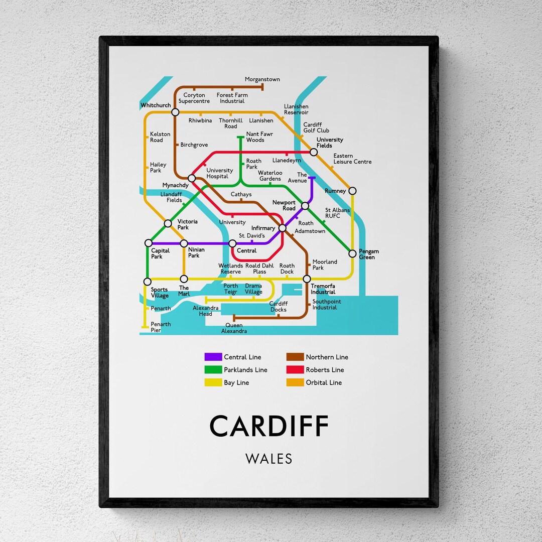 Cardiff Tube Map Print, Underground Map Wall Art, Welsh Gift ...