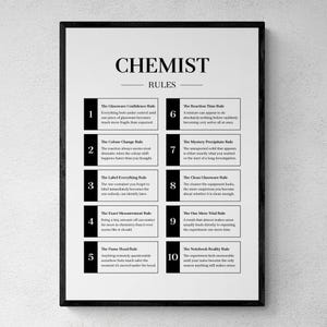 May include: A black and white wall art print titled CHEMIST RULES, featuring a list of ten numbered humorous guidelines for laboratory work. The text is organized in two columns with black rectangular accents for each numbered rule.