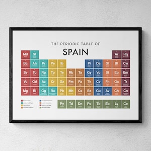 May include: A framed wall art print titled The Periodic Table of Spain, featuring a grid of colourful squares with abbreviations and names of Spanish cultural elements, landmarks, and cities, organised by categories like food, history, and nature.