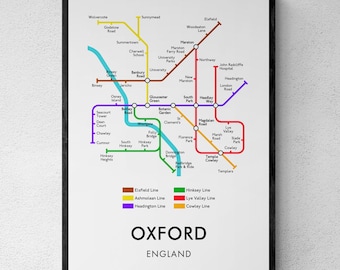 Oxford Tube Map Print, Underground Map Wall Art, Student Gift | Printable Digital Download