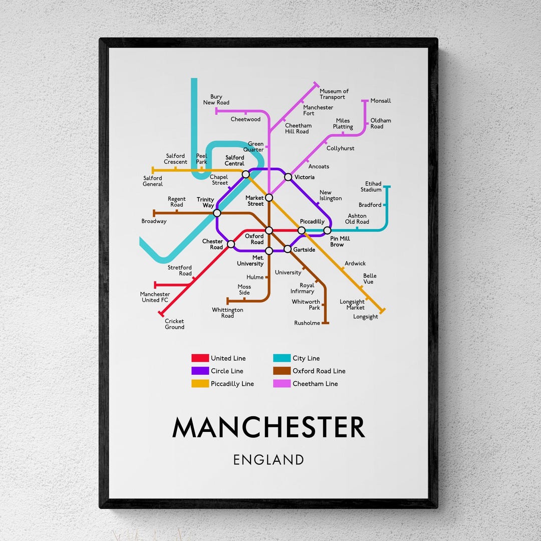 Manchester Two Rivers Map Manchester Tube Map Print, Underground Map Wall Art, Manchester Gift ...