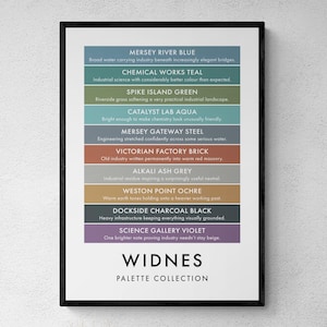 May include: A framed wall art print titled WIDNES PALETTE COLLECTION featuring ten horizontal colour bars with names and descriptions including Mersey River Blue, Chemical Works Teal, Spike Island Green, Catalyst Lab Aqua, Mersey Gateway Steel, Victorian Factory Brick, Alkali Ash Grey, Weston Point Ochre, Dockside Charcoal Black, and Science Gallery Violet.