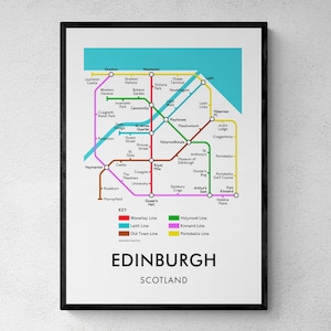 Carte du métro d'Édimbourg, cadeaux d'art mural Plan des rues souterraines | Téléchargement numérique imprimable