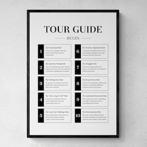 May include: A framed white poster with black text titled TOUR GUIDE RULES. It lists ten numbered humorous rules for tour guides, including The Headcount Rule, The Question Timing Rule, The Walking Pace Rule, and others, all in a clean, sans-serif font.