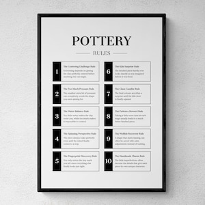 May include: A black and white wall art print titled Pottery Rules, featuring a list of ten numbered guidelines for ceramic work. The text is organised in two columns with black rectangular headers for each rule, set in a simple black frame.