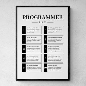 May include: A framed wall poster titled PROGRAMMER RULES in black text on a white background. It lists ten numbered rules for programmers, each with a bold heading and a short descriptive sentence, organised in two columns within a black frame.