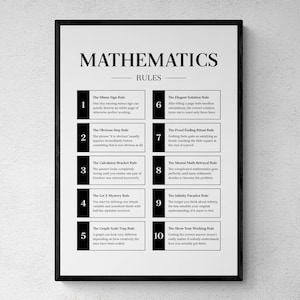 May include: A framed white poster with black text titled MATHEMATICS RULES. It lists ten numbered humorous mathematical principles, including The Minus Sign Rule, The Obvious Step Rule, The Calculator Bracket Rule, and The Infinity Paradox Rule.
