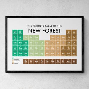 May include: A framed wall print titled The Periodic Table of the New Forest. The design features a grid of coloured squares with abbreviations and text, categorised by landmarks, wildlife, geology, culture, and notable people in shades of green and brown.