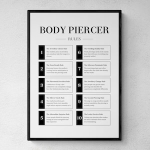 May include: A framed black and white wall art print titled BODY PIERCER RULES. The text lists ten numbered rules for body piercing, including The Jewellery Choice Rule, The Deep Breath Rule, The Placement Precision Rule, and The Looks Deceive Rule.
