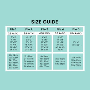May include: A size guide chart with the text "SIZE GUIDE" at the top. The chart displays various print sizes in inches and centimetres, organised by aspect ratio, including 2:3, 3:4, 4:5, 5:7, and 11:14 ratios. Sizes range from 10cm x 10cm to 60cm x 90cm.