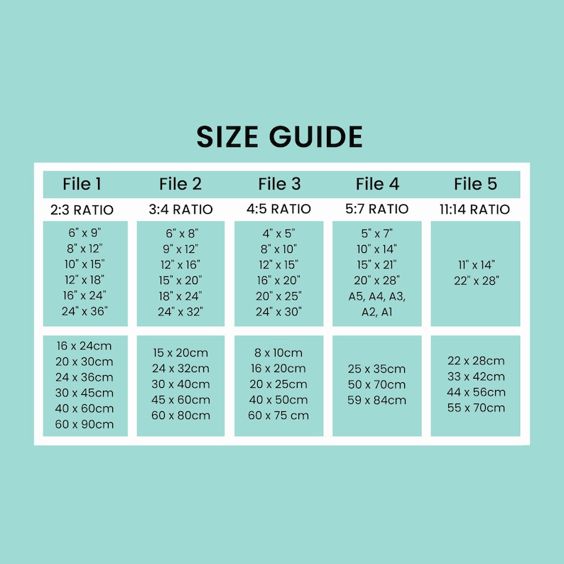 May include: A size guide chart with the text "SIZE GUIDE" at the top. The chart displays various print sizes in inches and centimetres, organised by aspect ratio, including 2:3, 3:4, 4:5, 5:7, and 11:14 ratios. Sizes range from 10cm x 10cm to 60cm x 90cm.