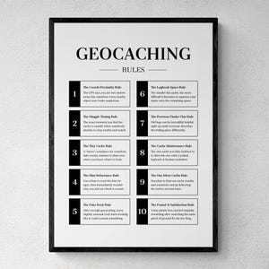 Puede incluir: Un póster de pared enmarcado titulado Geocaching Rules que presenta una lista de diez reglas humorísticas numeradas para geocachers. El diseño utiliza texto negro y acentos rectangulares sobre un fondo blanco, presentado en un marco negro.