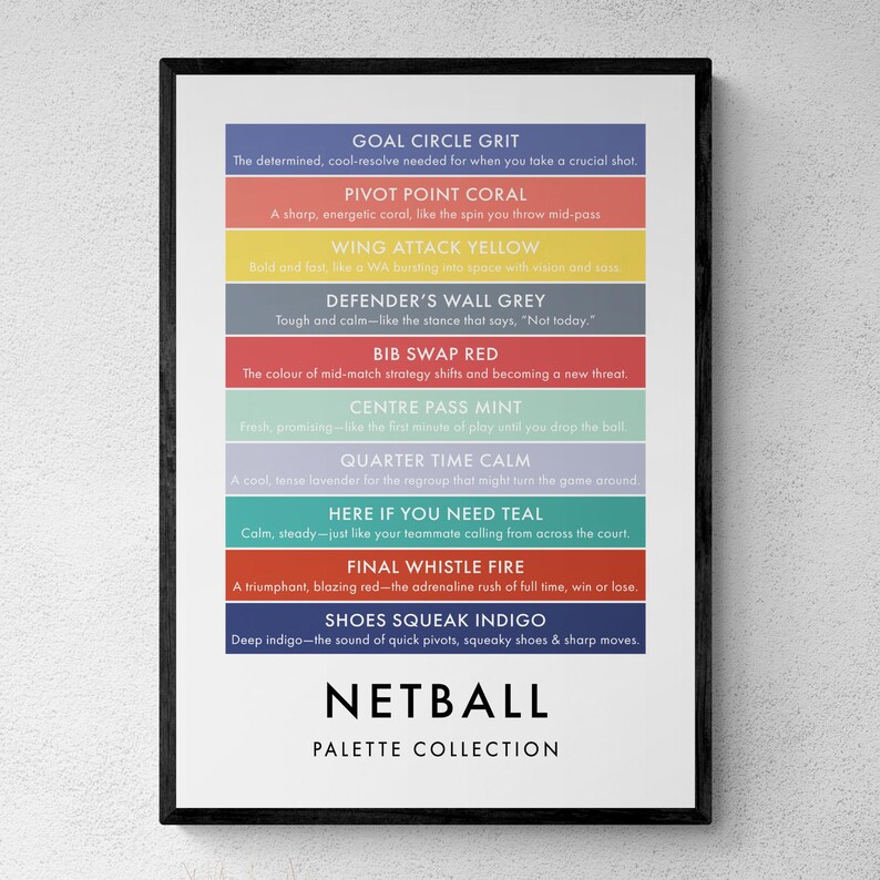 Netball Colour Palette Print, Funny Sports Wall Art, Team Sport Poster ...