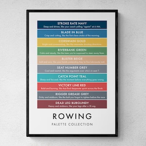 Puede incluir: Un póster imprimible con una paleta de colores de remo. El póster presenta una lista de términos de remo con una descripción de color y una breve frase que describe cada término. Los términos incluyen Stroke Rate Navy, Blade in Blue, Coxswain Gold, Riverbank Green, Blister Beige, Seat Number Grey, Catch Point Teal, Victory Line Red, Rigger Grease Grey y Dead Leg Burgundy. El póster se titula "Colección de paletas de remo".