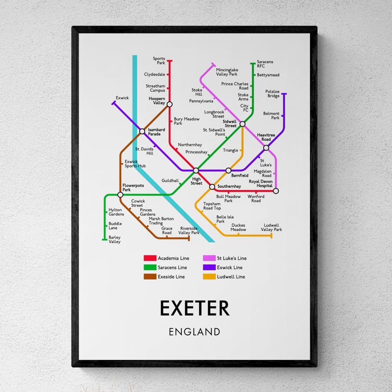 Exeter Test Routes Map Exeter Tube Map Print, Underground Street Map Wall Art Gifts - Etsy UK