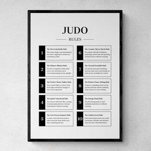 Könnte beinhalten: Ein gerahmter Druck mit dem Wort „JUDO“ und „REGELN“ oben. Zehn Regeln sind unten in schwarzem Text auf weißem Hintergrund mit einem schwarzen Rahmen aufgeführt. Der Druck wird an einer hellen Wand angezeigt.