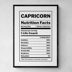 Capricorn Zodiac Sign Funny Nutrition Facts Print, Astrology Gifts, Funny Wall Art | Printable Digital Download