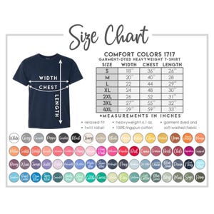 Puede incluir: Camiseta Comfort Colors azul marino con una tabla de tallas. La tabla enumera las medidas en pulgadas para las tallas S a 4XL, incluyendo ancho, pecho y largo. La camiseta es de corte relajado, 6.1 oz de peso y 100% algod&oacute;n ringspun.