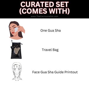 May include: A curated set for facial massage includes a gua sha tool, a travel bag, and a face gua sha guide printout. The gua sha tool is a heart-shaped stone with a smooth surface. The travel bag is black with a zipper closure. The guide printout is a black and white illustration of a face with arrows showing the direction of massage strokes.