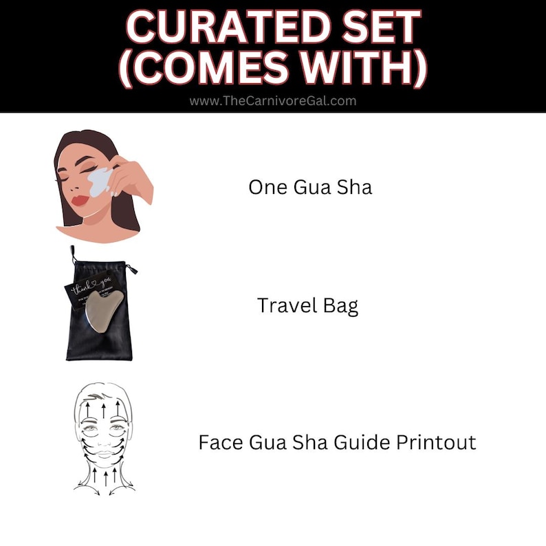 May include: A curated set for facial massage includes a gua sha tool, a travel bag, and a face gua sha guide printout. The gua sha tool is a heart-shaped stone with a smooth surface. The travel bag is black with a zipper closure. The guide printout is a black and white illustration of a face with arrows showing the direction of massage strokes.