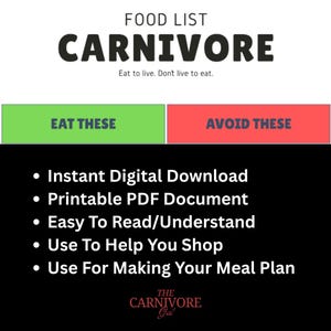 May include: A green and red button with the text "EAT THESE" and "AVOID THESE" respectively. Below the buttons is a black background with white text listing the benefits of a printable carnivore food list: Instant Digital Download, Printable PDF Document, Easy To Read/Understand, Use To Help You Shop, Use For Making Your Meal Plan. The text "THE CARNIVORE Gal" is at the bottom of the image.