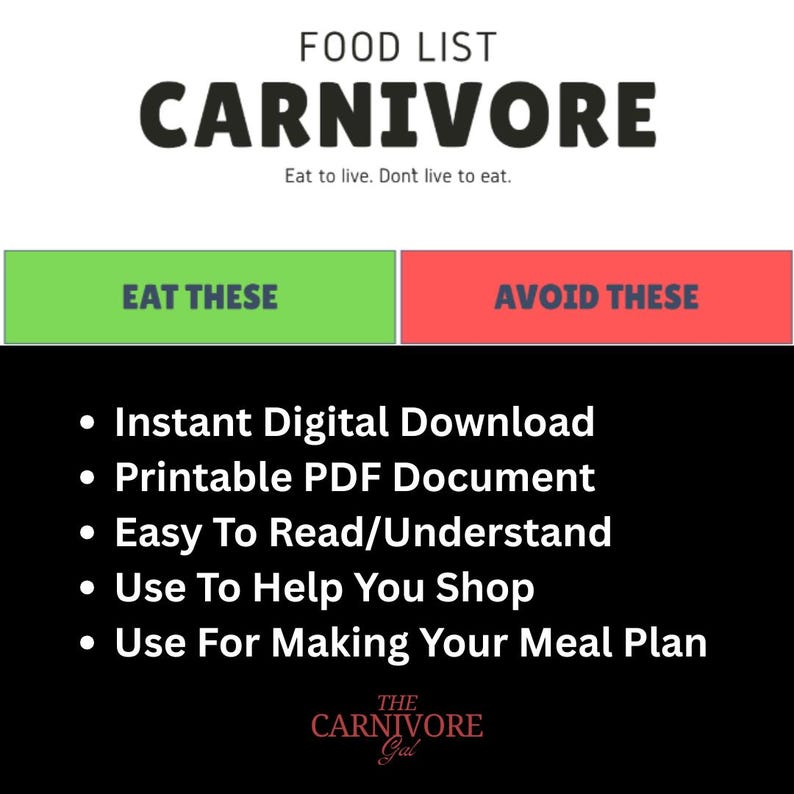 May include: A green and red button with the text "EAT THESE" and "AVOID THESE" respectively. Below the buttons is a black background with white text listing the benefits of a printable carnivore food list: Instant Digital Download, Printable PDF Document, Easy To Read/Understand, Use To Help You Shop, Use For Making Your Meal Plan. The text "THE CARNIVORE Gal" is at the bottom of the image.