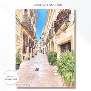 Op de afbeelding: Een smalle, geplaveide straat met hoge, gele gebouwen. De gebouwen hebben gebogen deuropeningen en ramen met smeedijzeren balkons. Weelderige groene planten groeien in potten langs de straat.