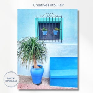 Puede incluir: Un exterior azul vibrante con una ventana con un diseño de hierro forjado negro y dos plantas en macetas. Una gran planta en maceta se encuentra frente a un banco azul. La imagen incluye el texto "Creative Foto Flair" y "DIGITAL DOWNLOAD".