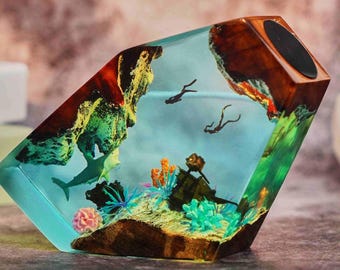 Große Hai Lampe, Kraken Schiffbruch Nachtlicht, Handgefertigte Harz Holz Lampe, Einzigartiges Schreibtisch Dekor Geschenk, Geschenk für Sohn, Schlafzimmer Dekor