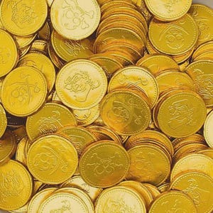 May include: A collection of gold-coloured coins featuring embossed pirate-themed designs, such as skulls and crossbones. The coins are stacked and scattered, creating a textured surface. The image suggests a theme of treasure or pirate-related items.