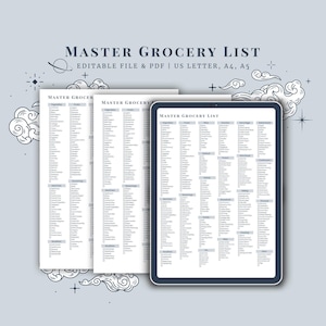 Lista de compras Modelo editável para impressão Planejador de compras mestre Organizador semanal de alimentos Gráfico doméstico Rastreador de refeições digital Canva PDF Loja