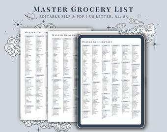 Grocery List Editable Printable Template Master Shopping Planner Weekly Food Organizer Household Chart Canva Digital Meal Tracker PDF Store