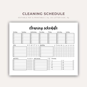May include: A printable cleaning schedule checklist with sections for daily, weekly, monthly, quarterly, semi-annual, and annual tasks. The checklist includes boxes for each day of the week and each month of the year.