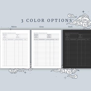 Puede incluir: Tres versiones imprimibles de un registro de mantenimiento de equipos en blanco, gris y negro. Cada p&aacute;gina tiene el t&iacute;tulo "Registro de mantenimiento de equipos" y columnas para la fecha, el equipo, la descripci&oacute;n y las notas.