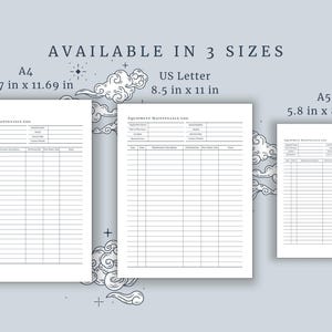 Puede incluir: Plantilla de registro de mantenimiento de equipos imprimible en tres tama&ntilde;os: 21 x 29,7 cm (A4), 21,6 x 27,9 cm (Carta de EE. UU.) y 14,7 x 21 cm (A5).