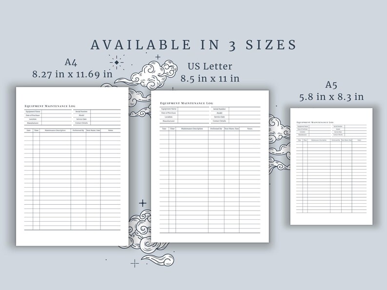 Puede incluir: Plantilla de registro de mantenimiento de equipos imprimible en tres tama&ntilde;os: 21 x 29,7 cm (A4), 21,6 x 27,9 cm (Carta de EE. UU.) y 14,7 x 21 cm (A5).