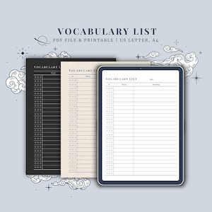 Puede incluir: Una lista de vocabulario digital en tamaños US Letter y A4, con versiones en negro, beige y tableta digital. Las listas tienen un formato de lista de verificación con espacio para palabras y significados. Se incluye el texto "VOCABULARY LIST".