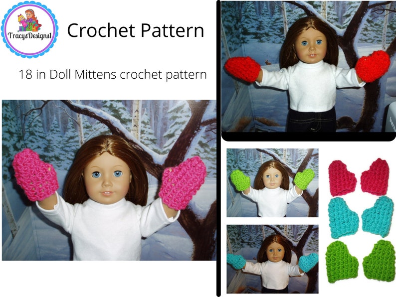 K&ouml;nnte beinhalten: H&auml;kelanleitung f&uuml;r 45 cm Puppenhandschuhe. Die Anleitung enth&auml;lt Anweisungen zum Herstellen von Handschuhen in Pink, Rot und Gr&uuml;n. Das Bild zeigt eine Puppe, die die Handschuhe in Pink und Rot tr&auml;gt.
