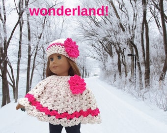 Crocheted Hat and poncho set 18 inch doll clothes Fits American Girl dolls. Pink and White