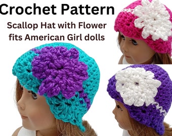 Crochet Pattern Scallop Hat with Flower Fits American Girl Dolls DIY Okay to sell finished items  Immediate Instant Download