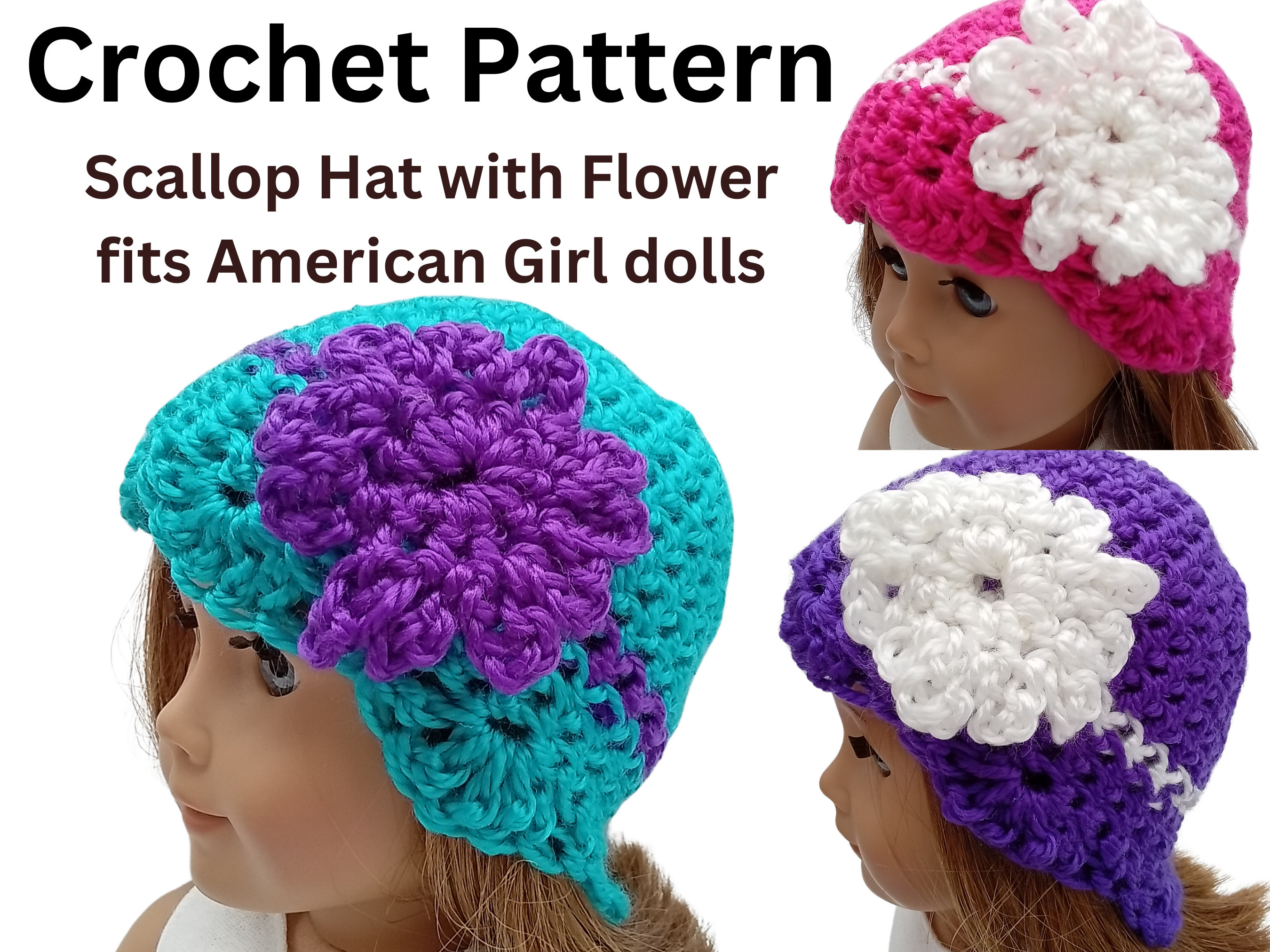 30 American Girl Crochet Patterns for Dresses, Accessories, and Giftable Doll Looks 26 Scallop Hat with Flower