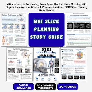 Puede incluir: Una colección de guías de estudio educativas para la planificación de cortes de resonancia magnética, con diagramas de posicionamiento del paciente, anatomía y artefactos. El documento central se titula MRI Slice Planning Study Guide, con páginas adicionales sobre planificación de cadera, imágenes oblicuas y física.