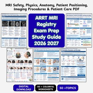 May include: A digital study guide for the ARRT MRI Registry Exam 2026 2027, featuring five educational pages covering MRI safety, physics, anatomy, patient positioning, and imaging procedures, with 50 colorful worksheets and 50 topics included.