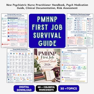 May include: A collection of educational materials for psychiatric nurse practitioners, including a central guide titled PMHNP First Job Survival Guide 2026, surrounded by clinical reference charts covering level of care, suicide risk, therapy, and polypharmacy safety.