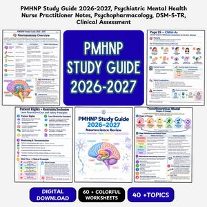 May include: A PMHNP study guide 2026-2027 featuring psychiatric mental health nurse practitioner notes, psychopharmacology, DSM-5-TR, and clinical assessment. Includes colourful worksheets, neuroanatomy, CIWA-Ar, and transtheoretical model charts.