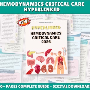 May include: A digital guide titled Hemodynamics Critical Care 2026 featuring a central cover page with anatomical illustrations of human organs including the heart, lungs, brain, and liver, surrounded by multiple pages of medical text and diagrams.