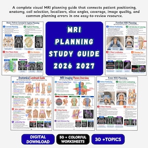 May include: A comprehensive MRI planning study guide for 2026-2027 featuring five educational pages with anatomical diagrams, medical imaging scans, and instructional text covering bony pelvis, forefoot, knee, and anatomical landmarks.