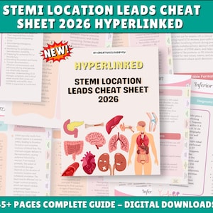 Può includere: Una guida digitale STEMI Location Leads Cheat Sheet 2026 con illustrazioni mediche di organi umani e sistemi anatomici. Il documento include intestazioni di testo, informazioni cliniche in elenchi puntati e un'icona a stella rossa con NEW.