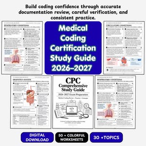 May include: A Medical Coding Certification Study Guide 2026-2027 featuring multiple pages of educational content, including diagrams of respiratory, circulatory, and digestive systems, plus a central cover page with a laptop and medical icons.